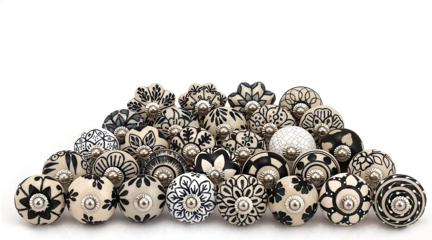 Indian Handmade Assorted Black and White Ceramic Door Knobs and Pulls | Kitchen Cabinet Knobs for Dresser Drawers | Black Drawer Pulls | Almirah Knobs | Vanity Knobs (6) image number 3