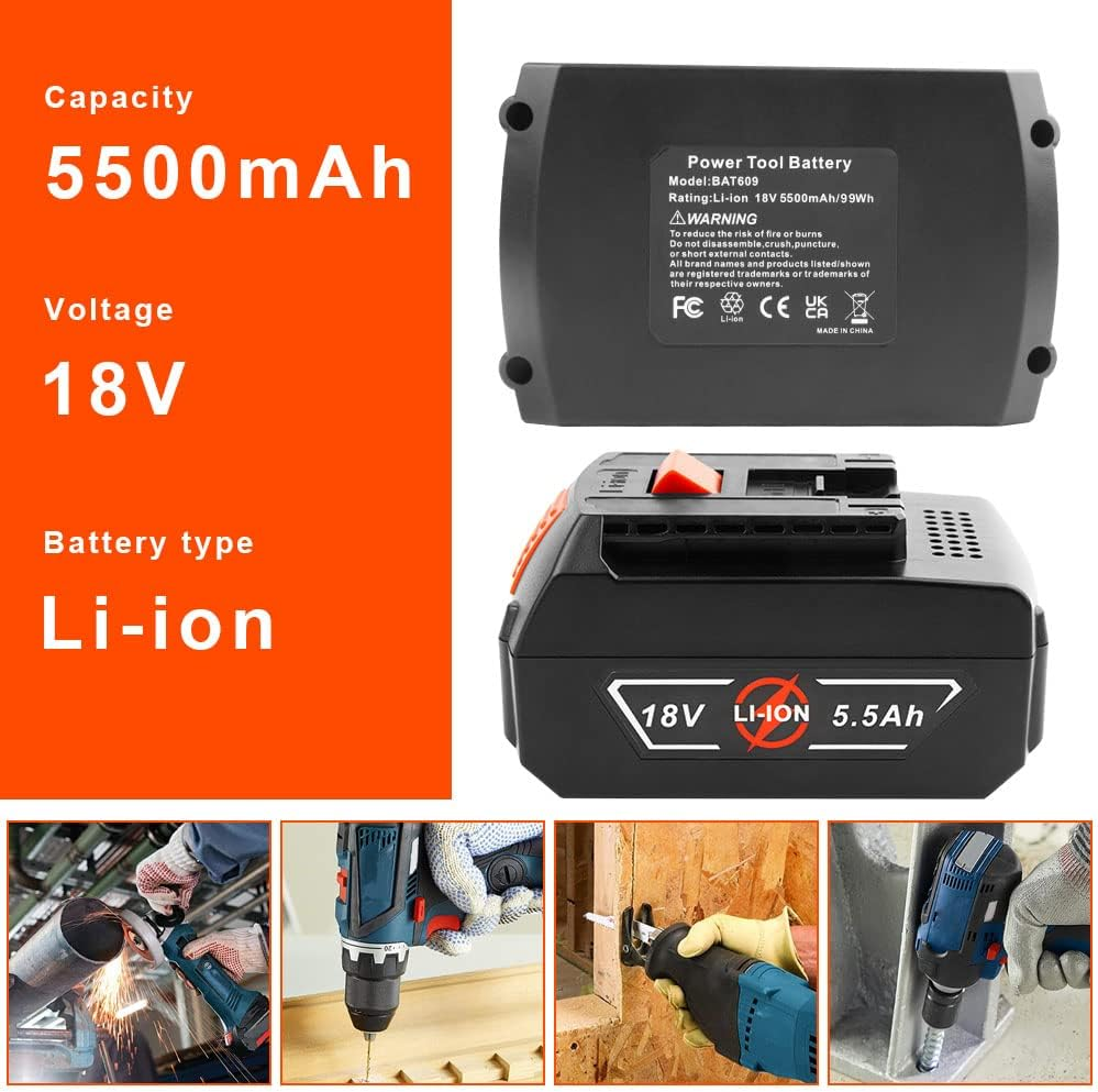 Aryee 18V 5.5Ah Li-Ion Battery Replacement Battery for Bosch BAT609 BAT609G BAT610G BAT611 BAT612 BAT618 BAT618G Cordless Power Tools, Not Compatible with the Green Series image number 3