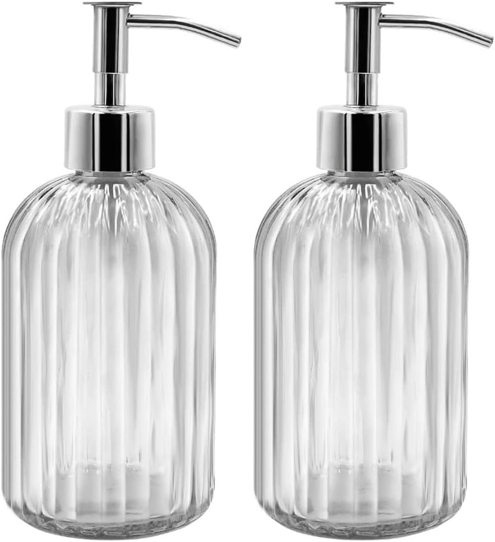 2PC Glass Jar Soap Dispenser - 14Oz Liquid Soap Dispenser, Refillable Liquid Bottle Dispenser, Premium Dispenser for Bathroom, Ideal for Kitchen Dish Soap, Soap, Shampoo Lotion Bottle (Transparent)