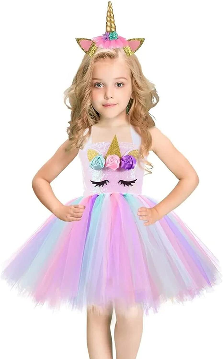AUTOWT Sequin Unicorn Dress for Girls with Headband, Rainbow Tutu Dress for Birthday Pageant Christmas Party Dance Princess Costumes