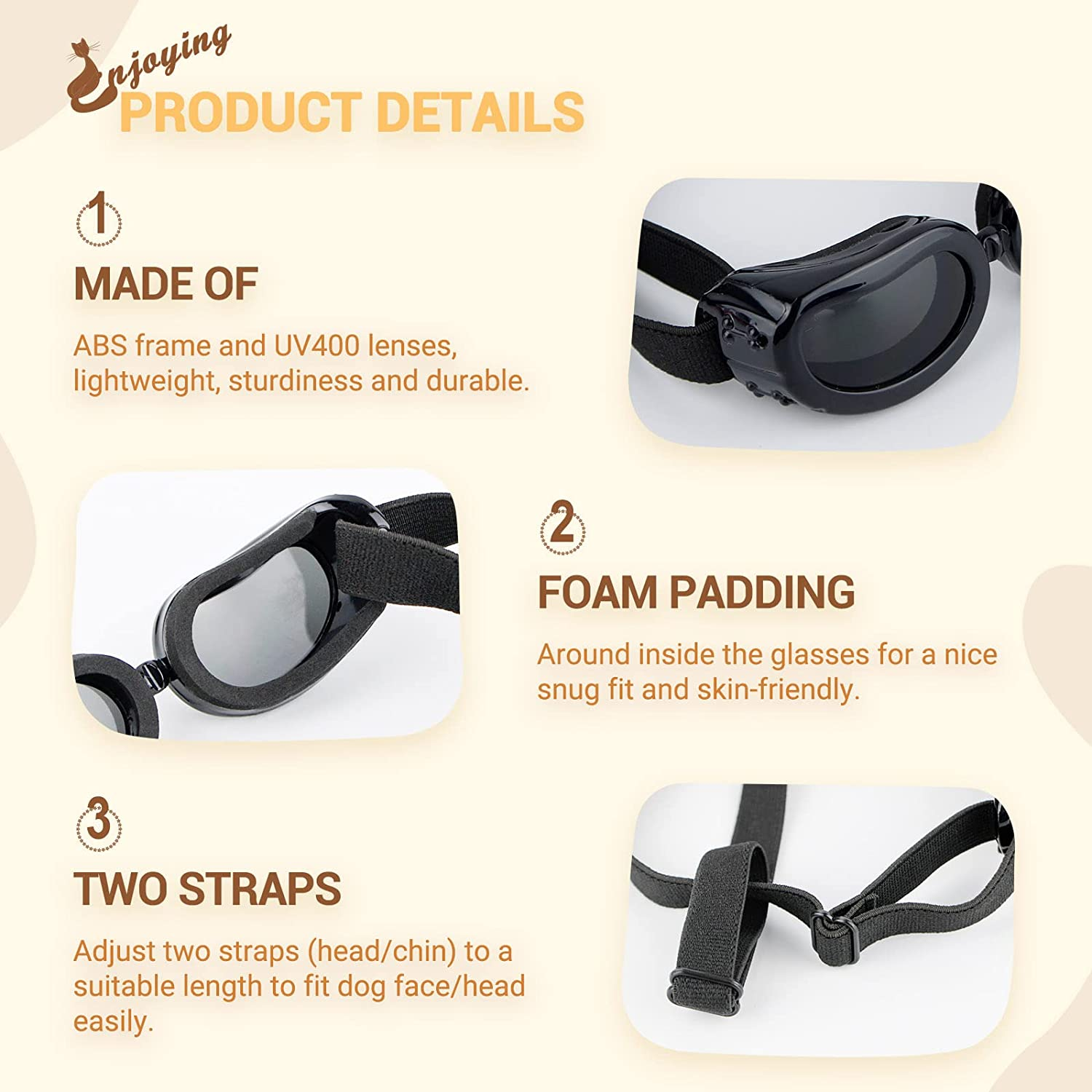 Dog Goggles - Small Dog Sunglasses Waterproof Windproof UV Protection for Doggy Puppy Cat - Black - Black image number 1