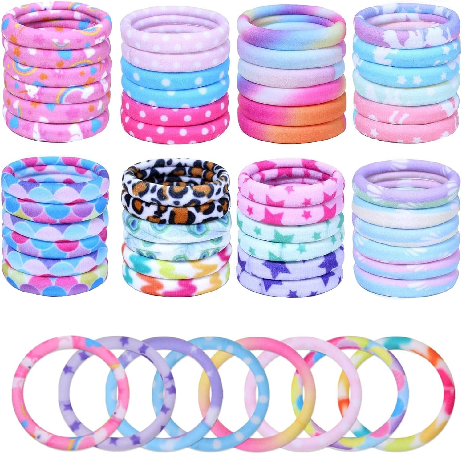 Pack of 60 Girls' Hair Bobbles, 4 Cm Coloured Nylon Hair Bobbles with Print, Soft and Comfortable for Daily Hairstyles, Colour Range for Girls Daily Combination, Ponytail Hair image number 3