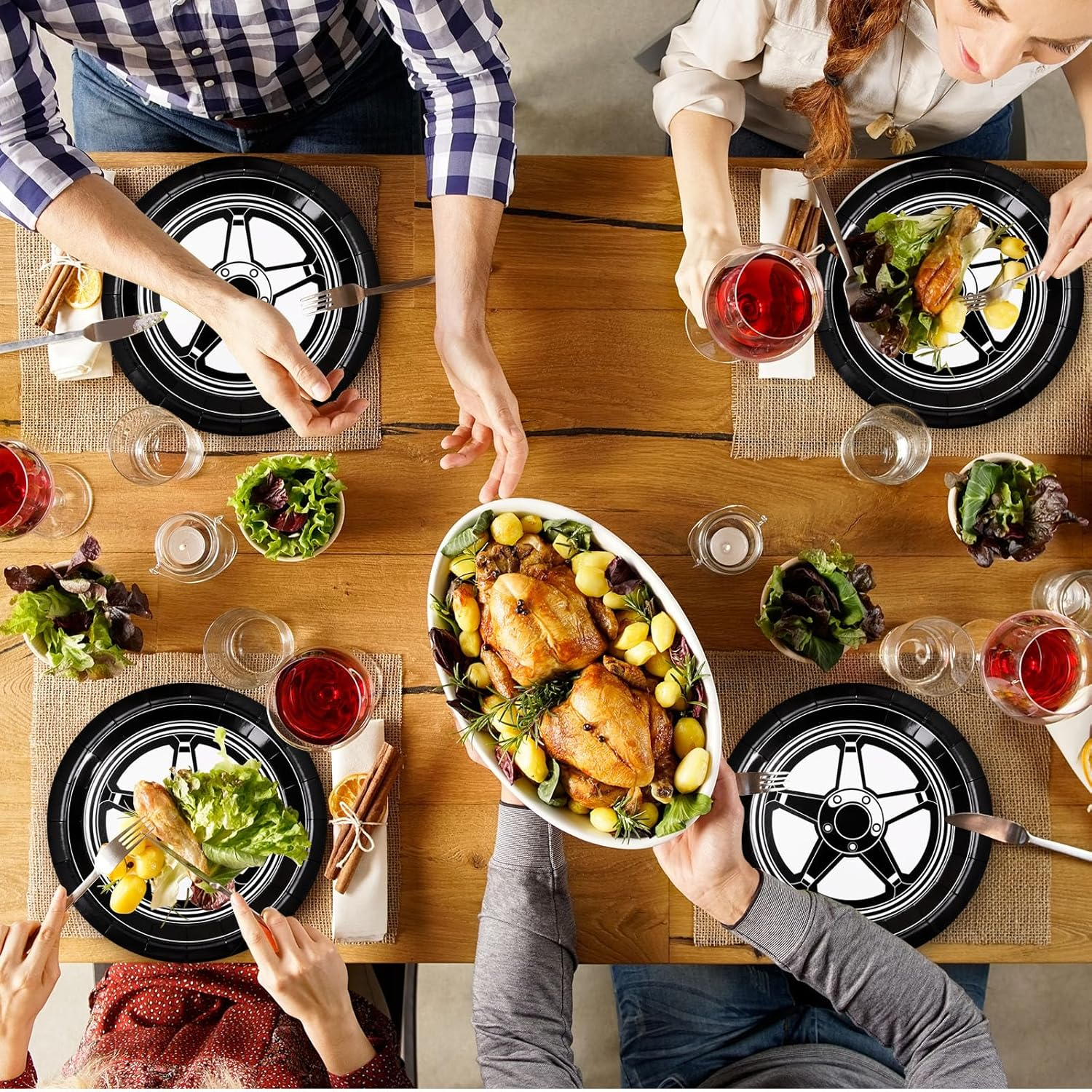 Jarthenaamcs Racing Car Plates Car Wheel Disposable Paper Plates Black White Dinner Plates 9 Inch Dessert Plates for Party Supplies Table Decor, 24Pcs image number 5