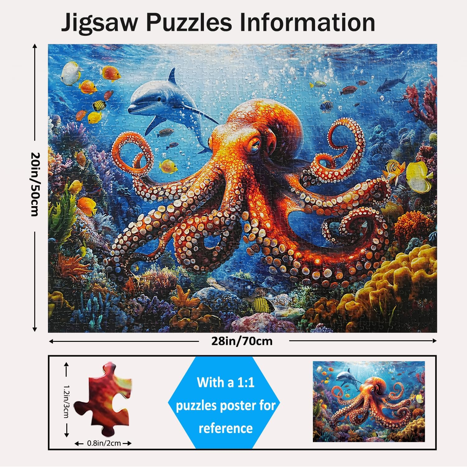 1000 Pieces Jigsaw Puzzles for Adults Octopus Puzzles Impossible Hard Difficult Challenging Puzzles for Teens Underwater World Jigsaw Puzzle Dolphin 1000Pc Puzzle 28 X 20 Inch image number 5