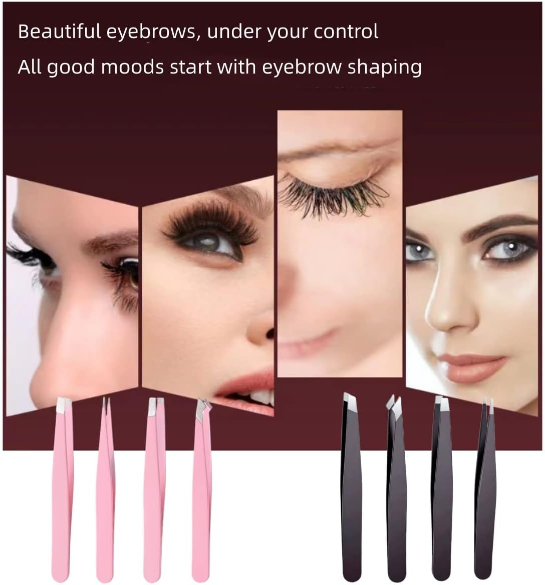 Set of 4 Eyebrow Tweezers, Flat, Slanted, Pointed and Hooked 4 Tweezers for Eyebrow Trimming, Professional Stainless Steel Tweezers for Eyebrow Trimming, Blackhead Trimming, Beard Trimming and More image number 2