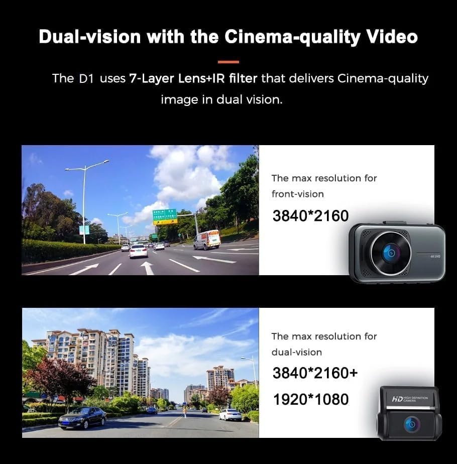Dual Dash Cam 4K 2160 P Ultra HD Car DVR Front and Rear Camera with Built-In Wifi & GPS (170 Degree Wide) with 64 GB High Speed SD Card Free (Maximum Support 256 GB) 24 Hour Monitoring image number 2