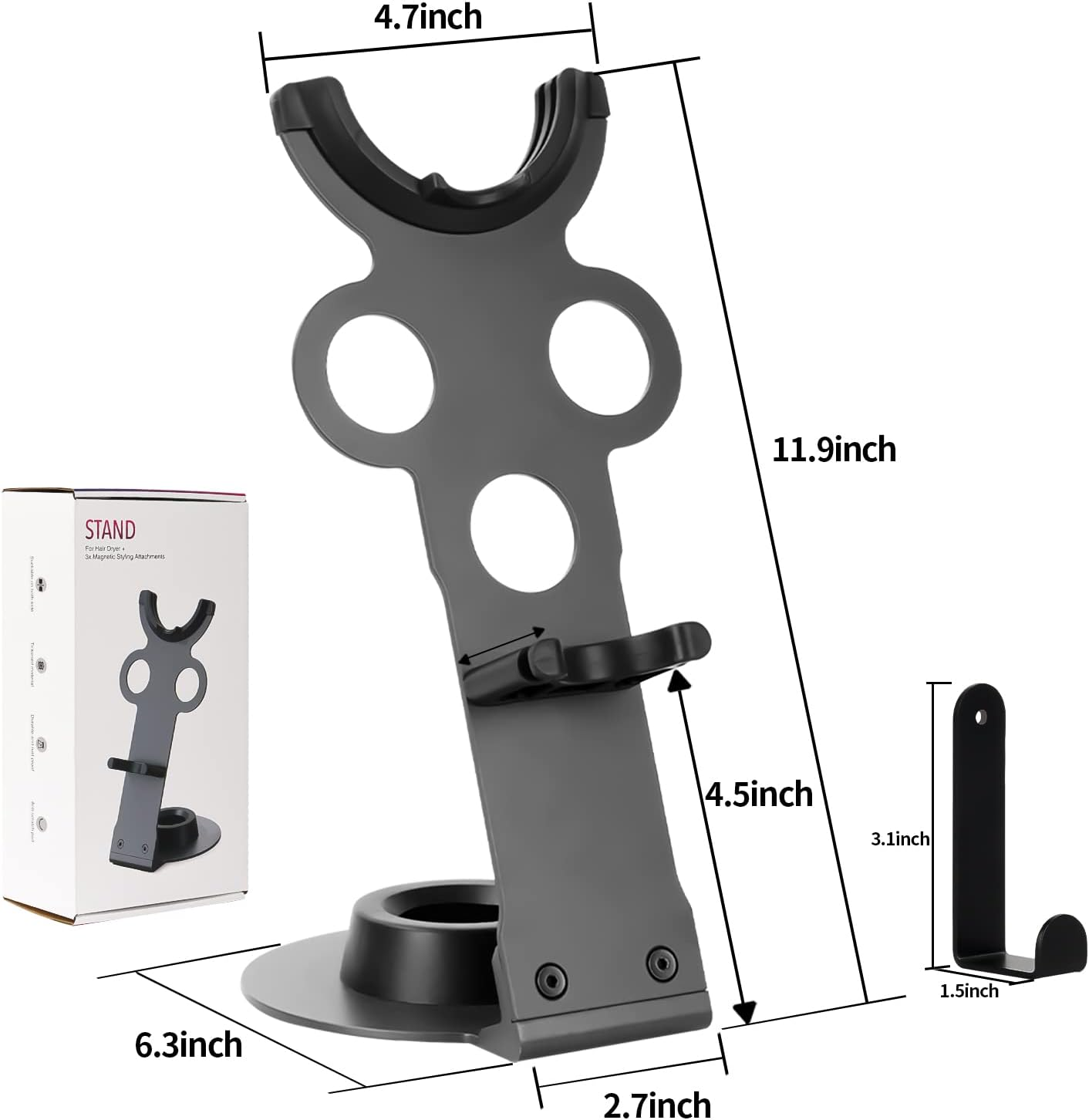 Genyen Eye Hair Dryer Holder Stand for Dyson Hair Dryer, Upgraded Dyson Hair Dryer Holder Dyson Hair Dryer Stand Black to Store 5 Dyson Hair Dryer Attachments with Cable Hook