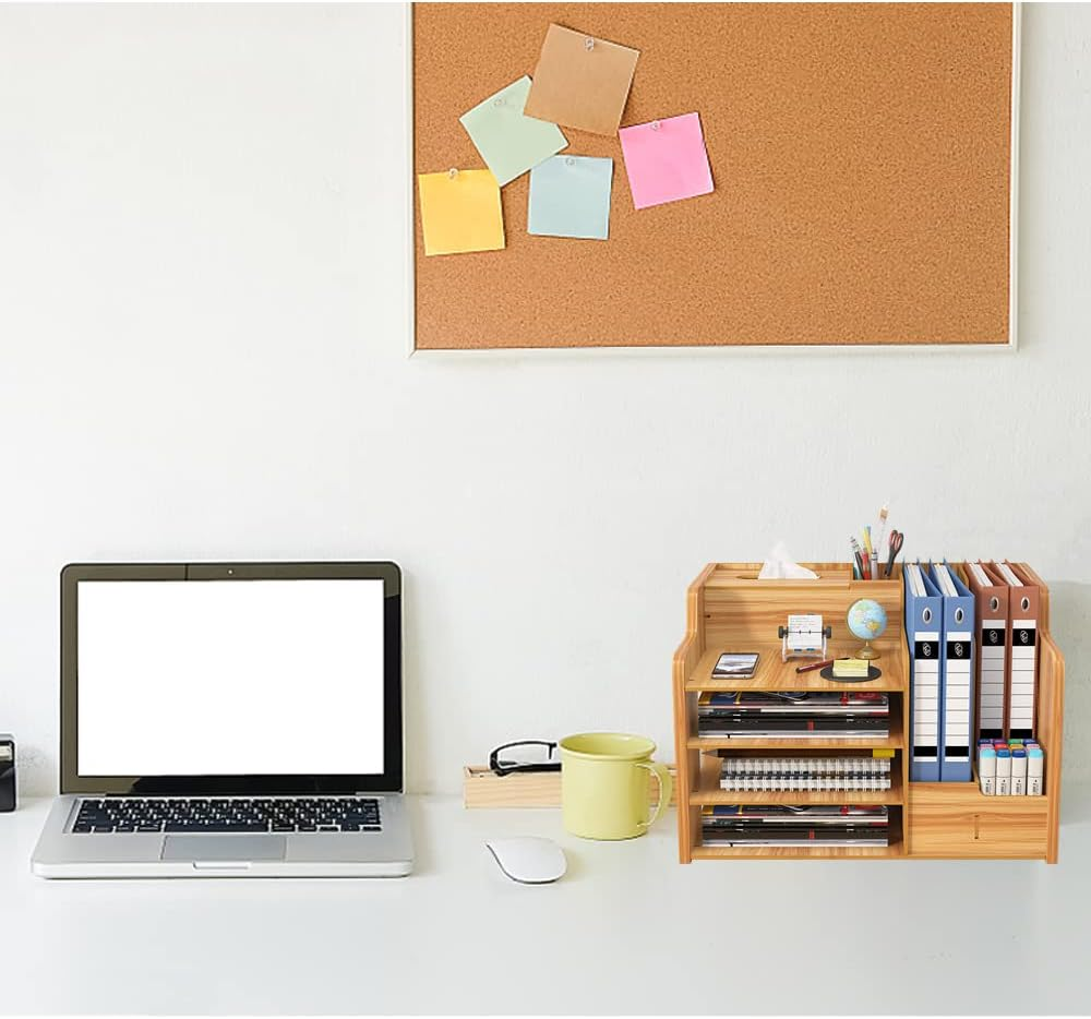 Hggzeg Updated Wooden Desk Organizer, Large Capacity Desk Tidy Storage Rack Sorter DIY Office Supplies Storage Box for A4 Papers, Books, Document and Notebook(Cherry Wood) image number 2