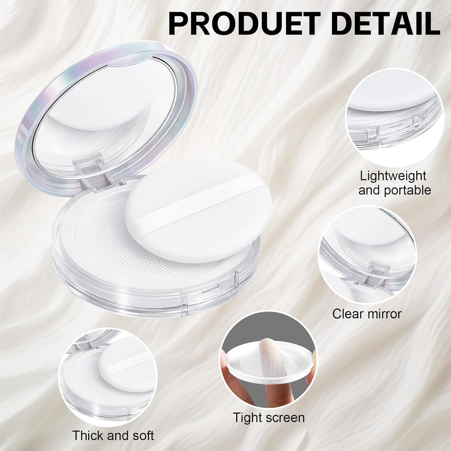 2-Pack Refillable Loose Powder Compact with Puff & Mirror &ndash; Portable Travel Makeup Container with Mesh Sifter, Leak-Proof Empty Case for Blush, Foundation & Setting Powder (Silver, Iridescent Silver)