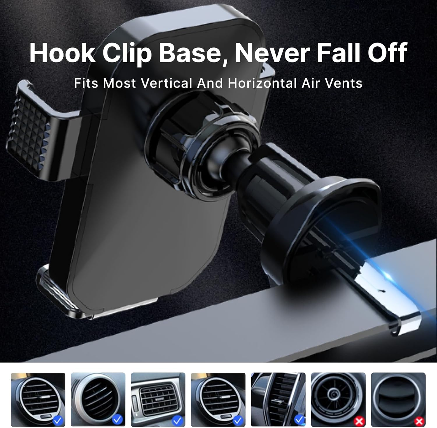Car Phone Holder for Air Vent, 360&deg; Rotatable Phone Mount with Ultra Stable Hook Clip, One Button Release, Fits Iphone 15/14/13, Galaxy, Pixel (4-7 Inch Phones), Thick Case Friendly image number 1