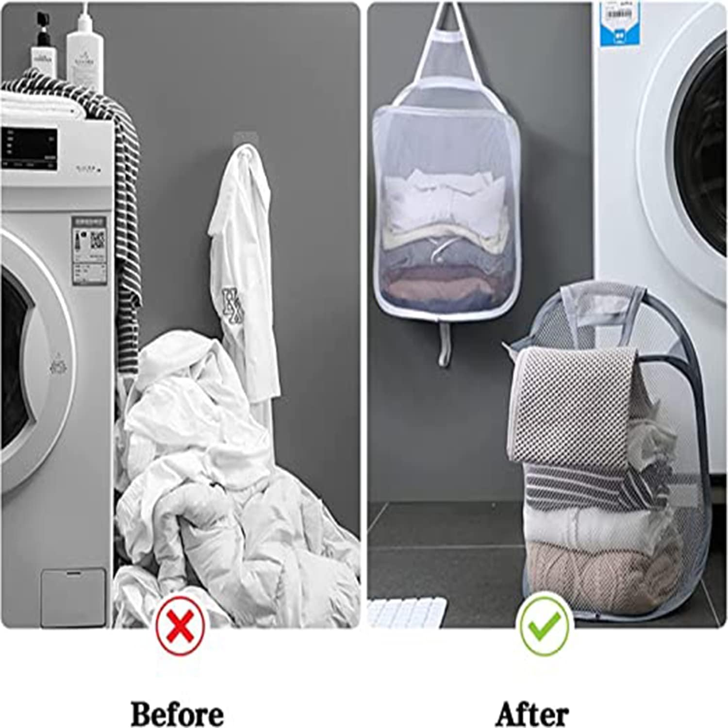 Yqkangzhu Hanging Laundry Hamper, Mesh Laundry Basket, Foldable Hamper with Carry Handle, Collapsible Dirty Clothes Hamper, Wall Mounted Storage Bag, Breathable Net Hampers for Laundry Room, Bathroom image number 3