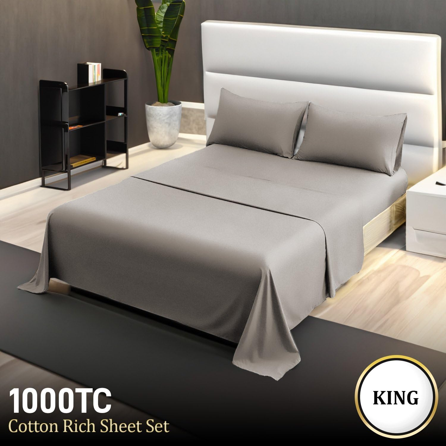4Pc 1000 Thread Count Cotton Rich King Bed Sheet Set CVC Microfibre Blend in Silver image number 4