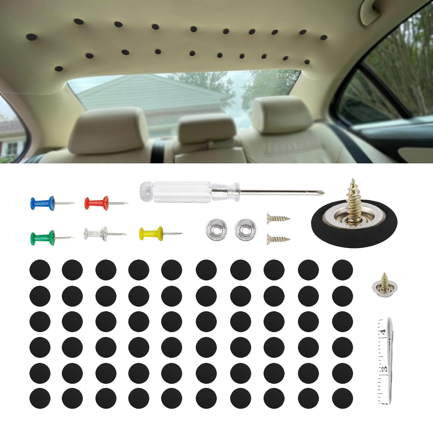 Car Roof Headliner Repair Kit, Headliner Pins, Auto Interior Ceiling Fabric Fixing Buckles with Installation Tool, Car Interior Accessories Automotive Roof Clips Universal for Most Cars