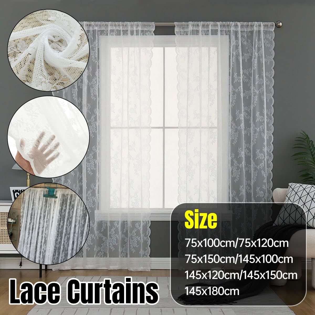 AIMALL Elegant White Lace Curtains, Punch-Free, Rod-Wearing Design, Ideal for Bedroom and Bay Windows image number 2