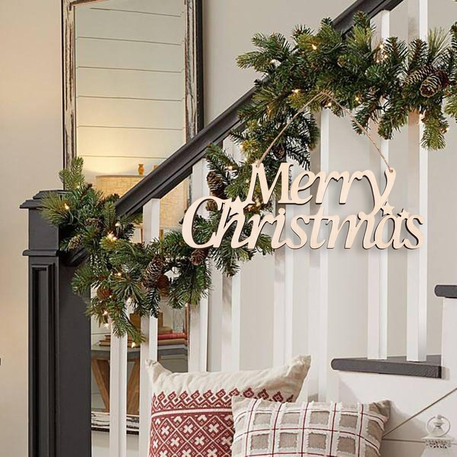 TENOL Merry Christmas Wood Sign Decoration Indoor Outdoor Hanging Wooden Wall Signs for Living Room Fence Christmas Tree Window, None B image number 2