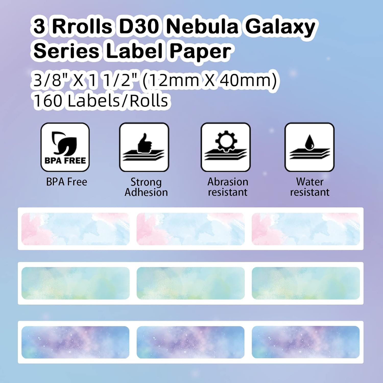 Phomemo D30 Labels - Nebula/Galaxy Series Adhesive Thermal Labels, 12Mm X 40Mm, 3 Rolls (160 Each),Phomemo D30 Maker Tape for Gift Wrapping, New Year and Various