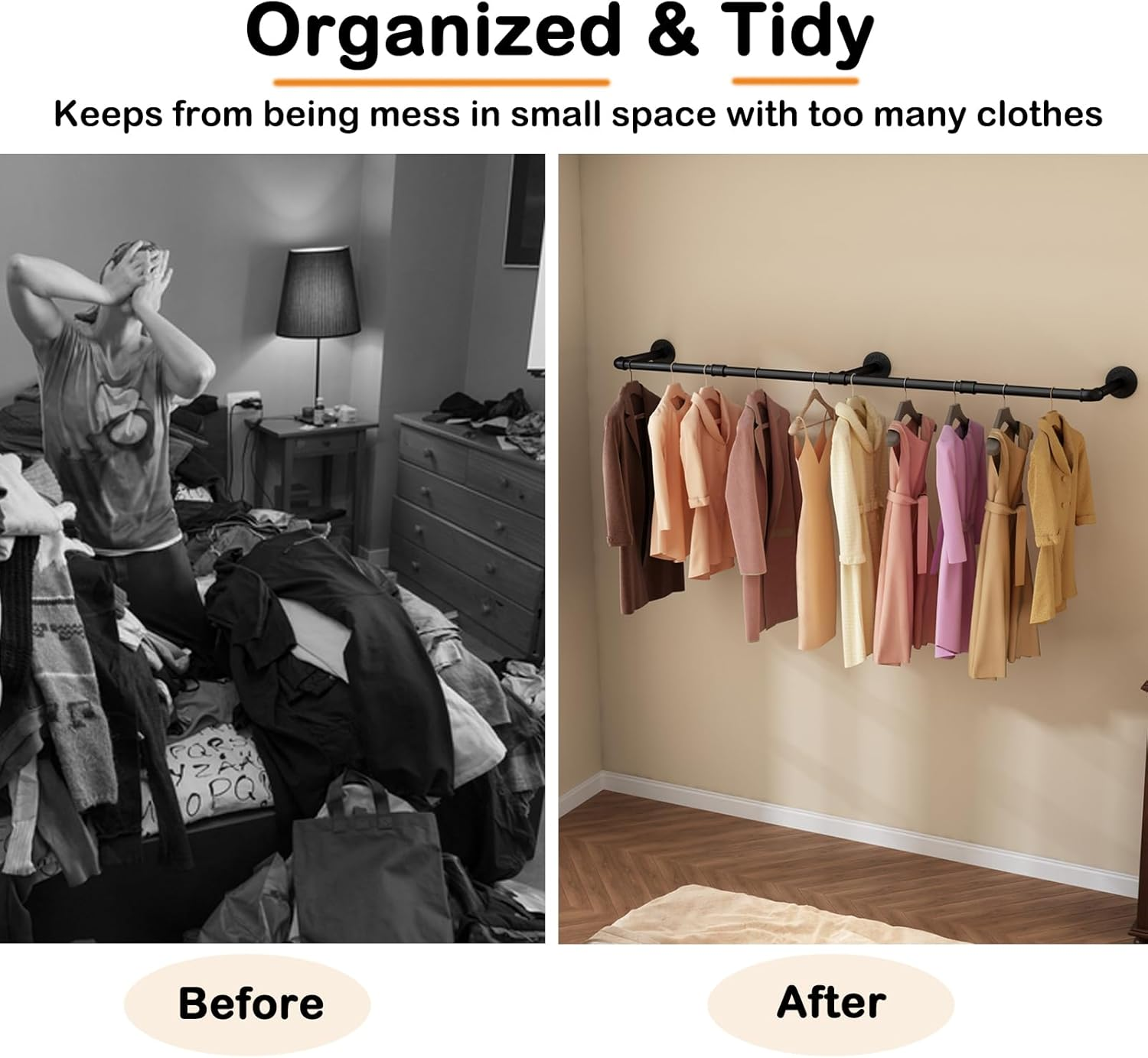 Ulspeed Clothes Rack, 60In Wall Mounted Industrial Pipe Clothing Rack, Space Saver Hanging Clothing Rack, Heavy Duty Garment Rack, 1 Pack image number 2