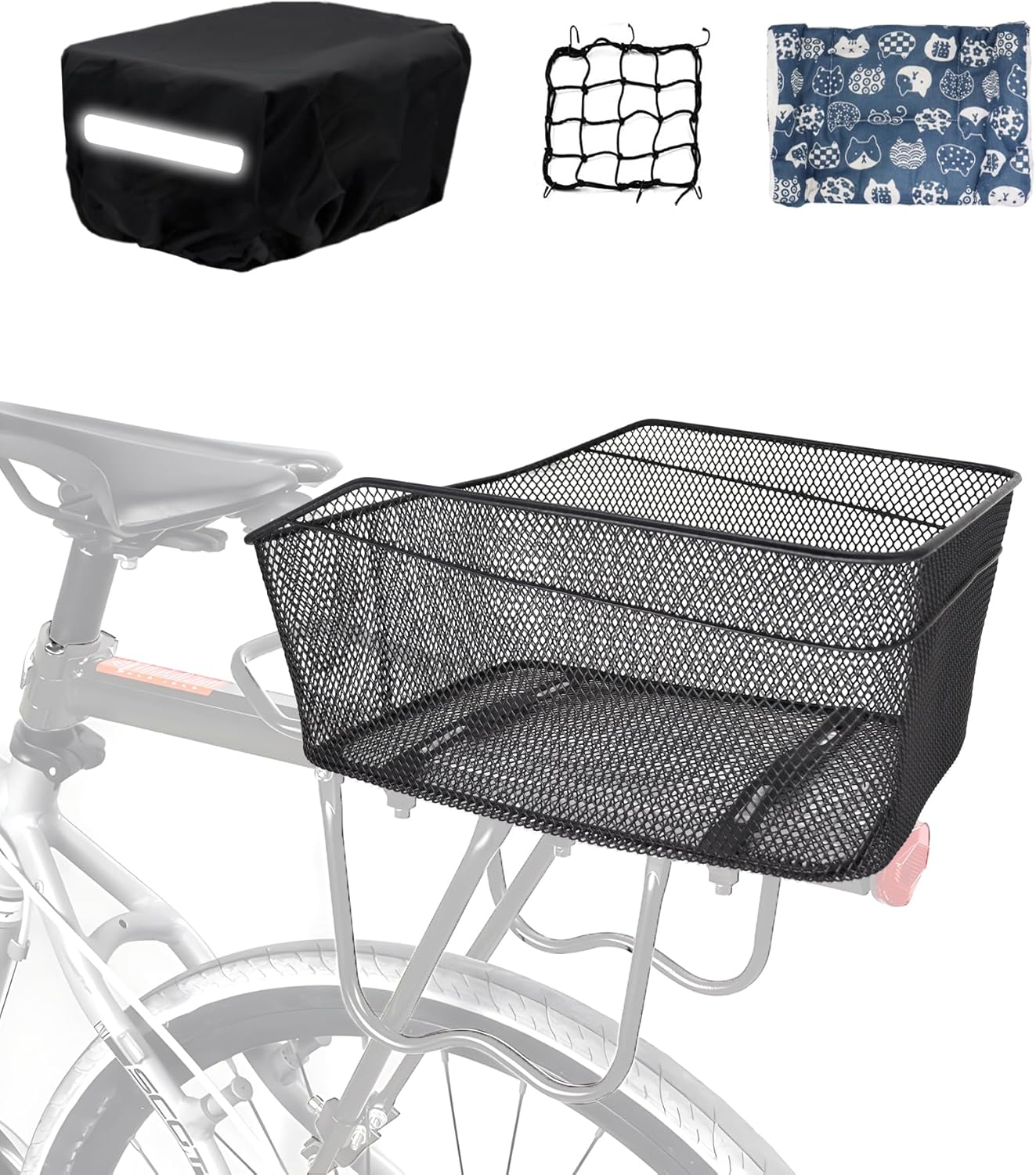 MATTISAM Bike Basket Rear, [Tool-Free Install], Bike Rack Basket for Pet, Metal Wire Bike Cargo Basket, Bicycle Basket for Back of Bike, with Waterproof Cover, Cargo Net image number 5