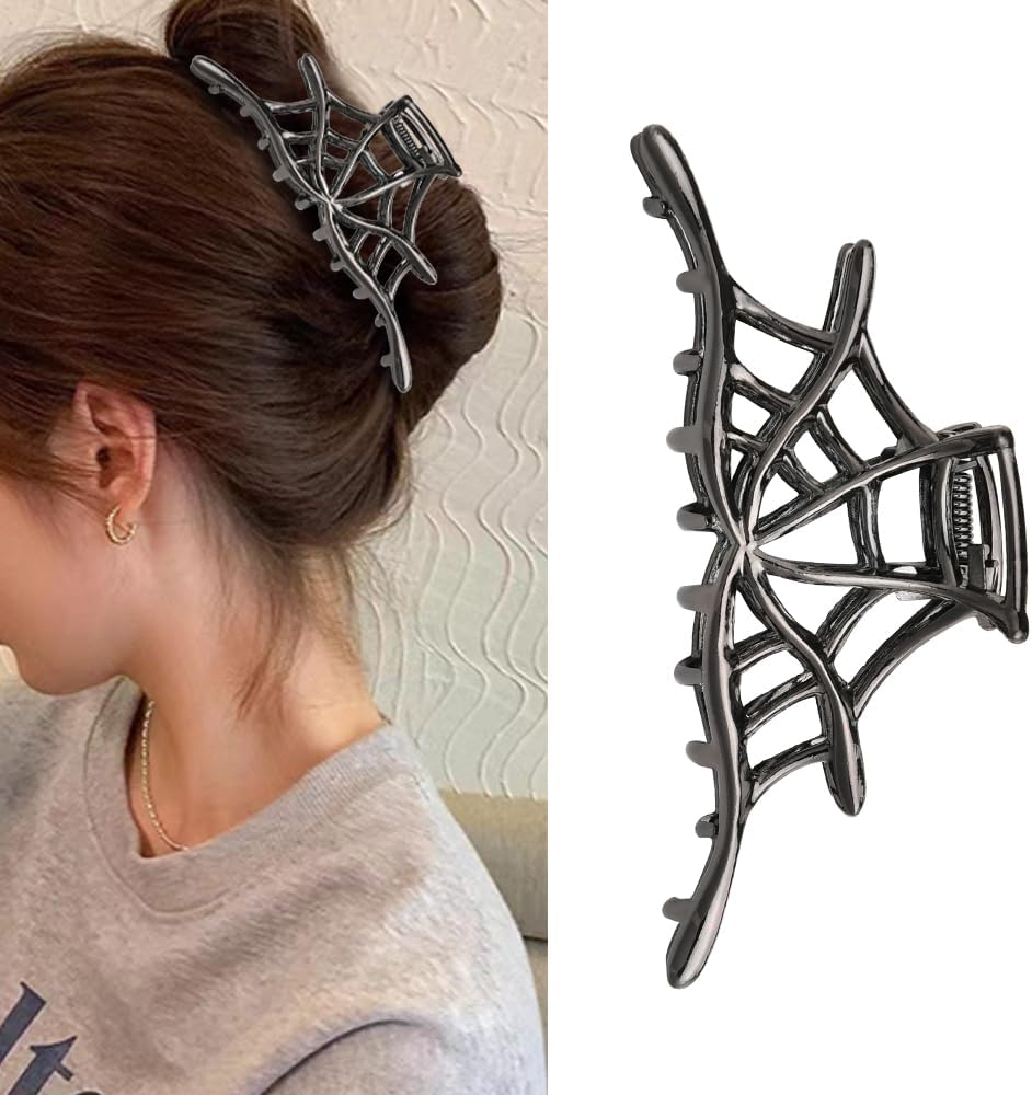 Large Spider Web Claw Clips for Women Girls Halloween Hair Clips for Women Girls Black Spider Web Metal Claw Clip for Hair Accessories for Halloween Party Cosplay