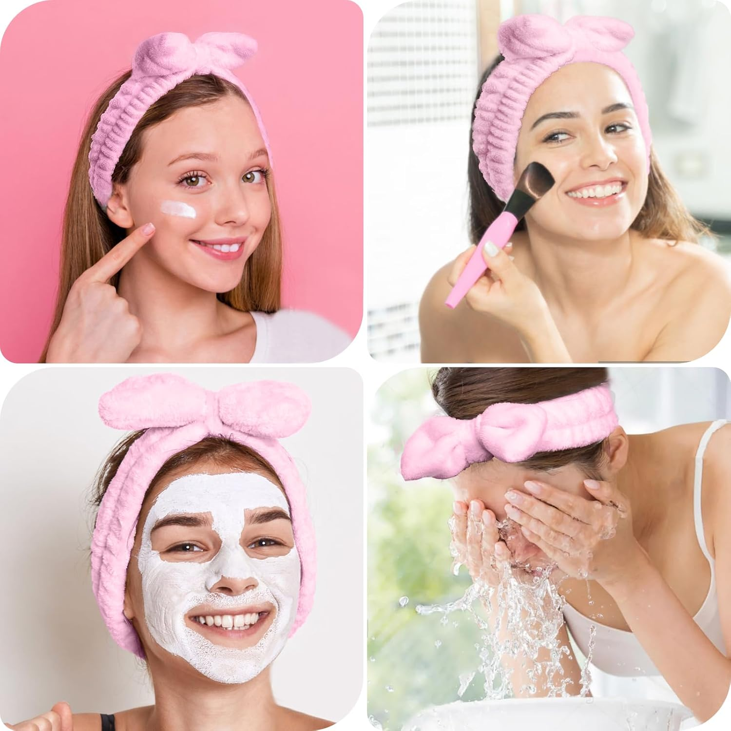Bighan Spa Makeup Headband Set, Headband Skincare Headband for Woman, Face Wash Wristband and Bowknot Hair Band, Facial Wrist Towel Washbands for Women Girls, Pink - Blue image number 2