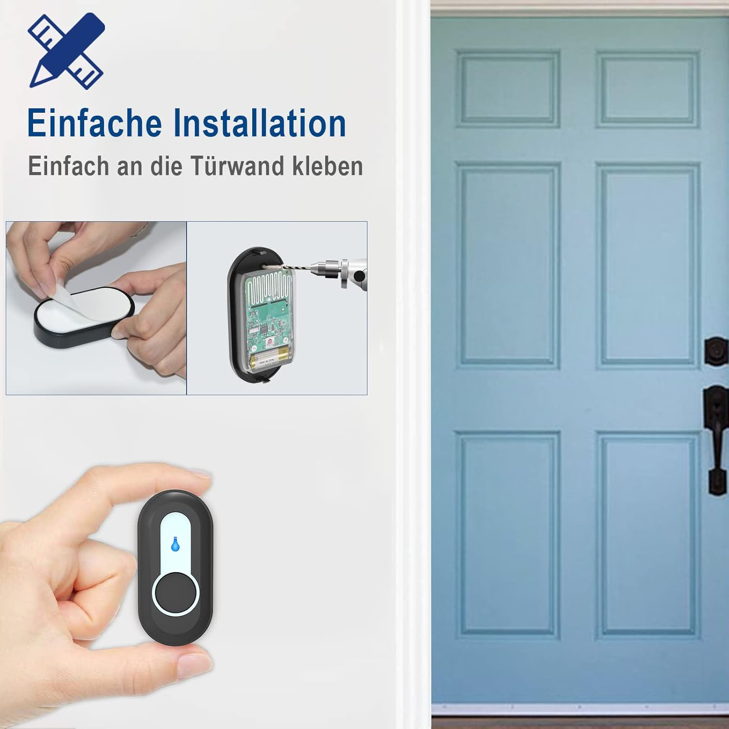 SURFOU Wireless Bell 400 M Range Wireless Doorbell Front Door Outdoor Waterproof Wireless Doorbell Transmitter with Batteries with 55 Ringtones, 5 Volumes, LED Flashing, Black (2 Receivers + 1 image number 4