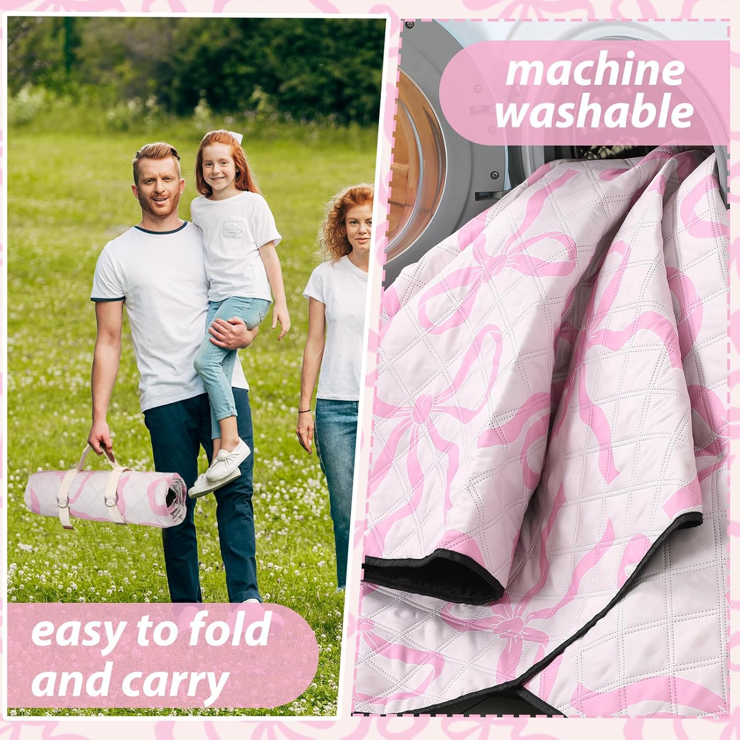 Pink Bow Picnic Blanket 80'' X 80'' Waterproof Extra Large Camping Blanket Coquette Picnic Mat Foldable Portable Preppy Outdoor Beach Mat with Carry Strap for Outdoor Grass Lawn Park image number 1