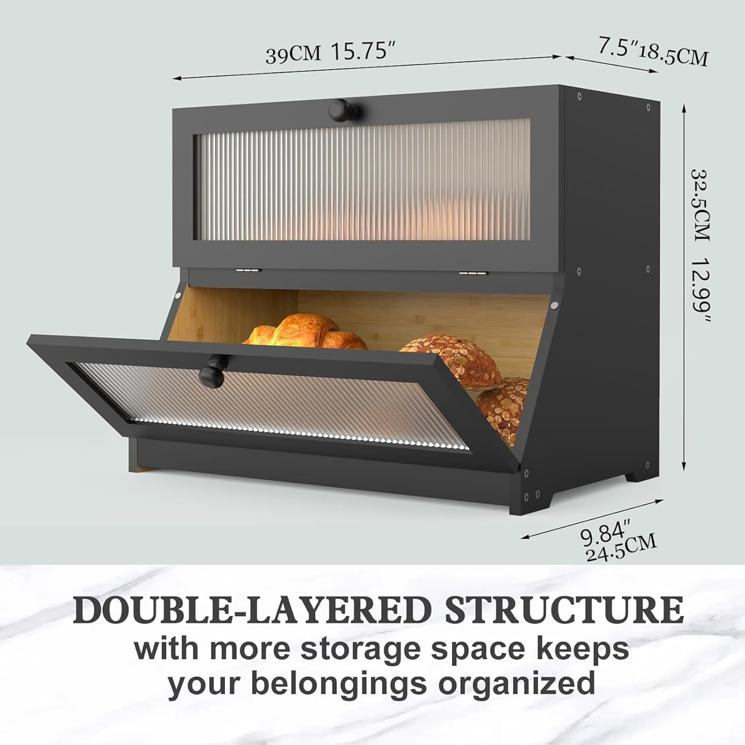 Black Bread Storage Container for Homemade Bread, Large Bread Box for Kitchen Countertop, Two Layer Farmhouse Breadbox Organizer for Kitchen Counter Corner, Cabinet, 39 * 24 * 32Cm