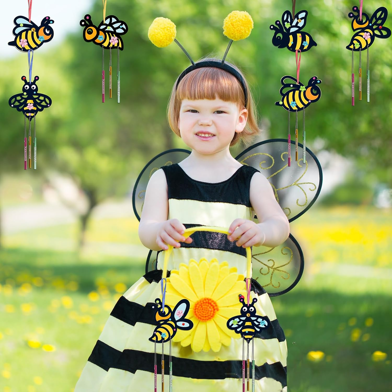 Fennoral 10 Pack Bee Wind Chime Kit for Kids Make You Own Honey Bee Wind Chimes Ornaments DIY Coloring Wooden Art and Craft for Spring Art Activities Birthday Party Decorations