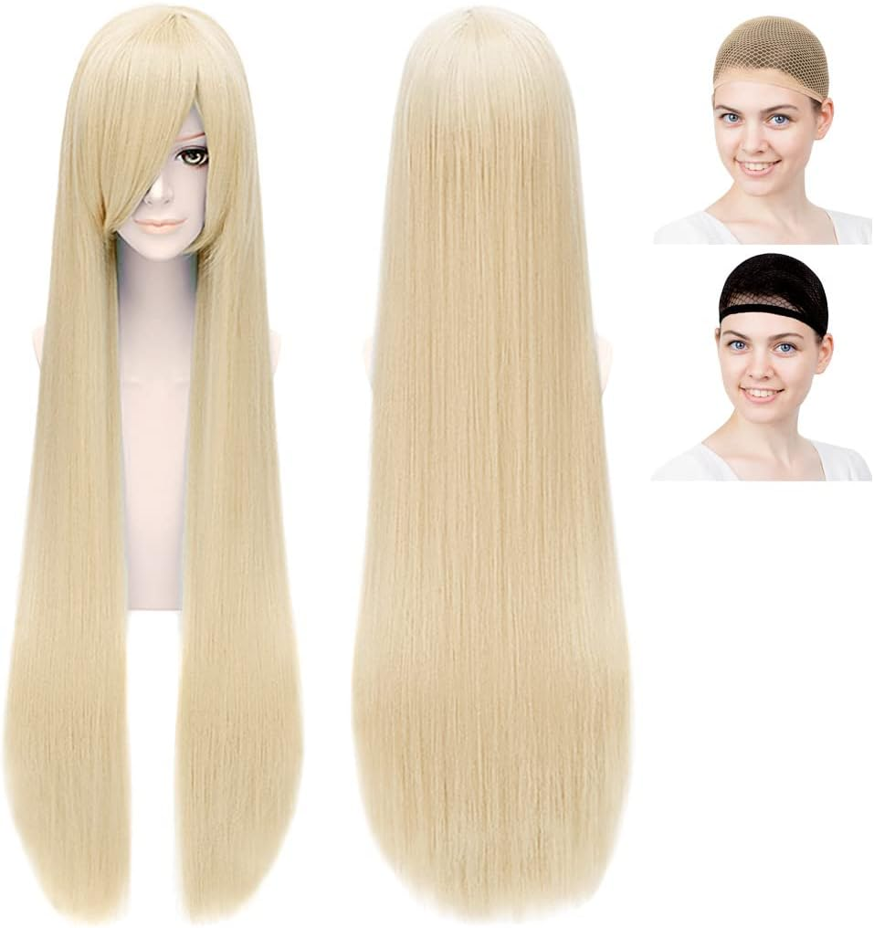 Caseeden Cosplay Wig, Smooth, Straight, Long, Long Hair, 39.4 Inches (100 Cm), Light Blue, White Merce Wig Net, Set of 2