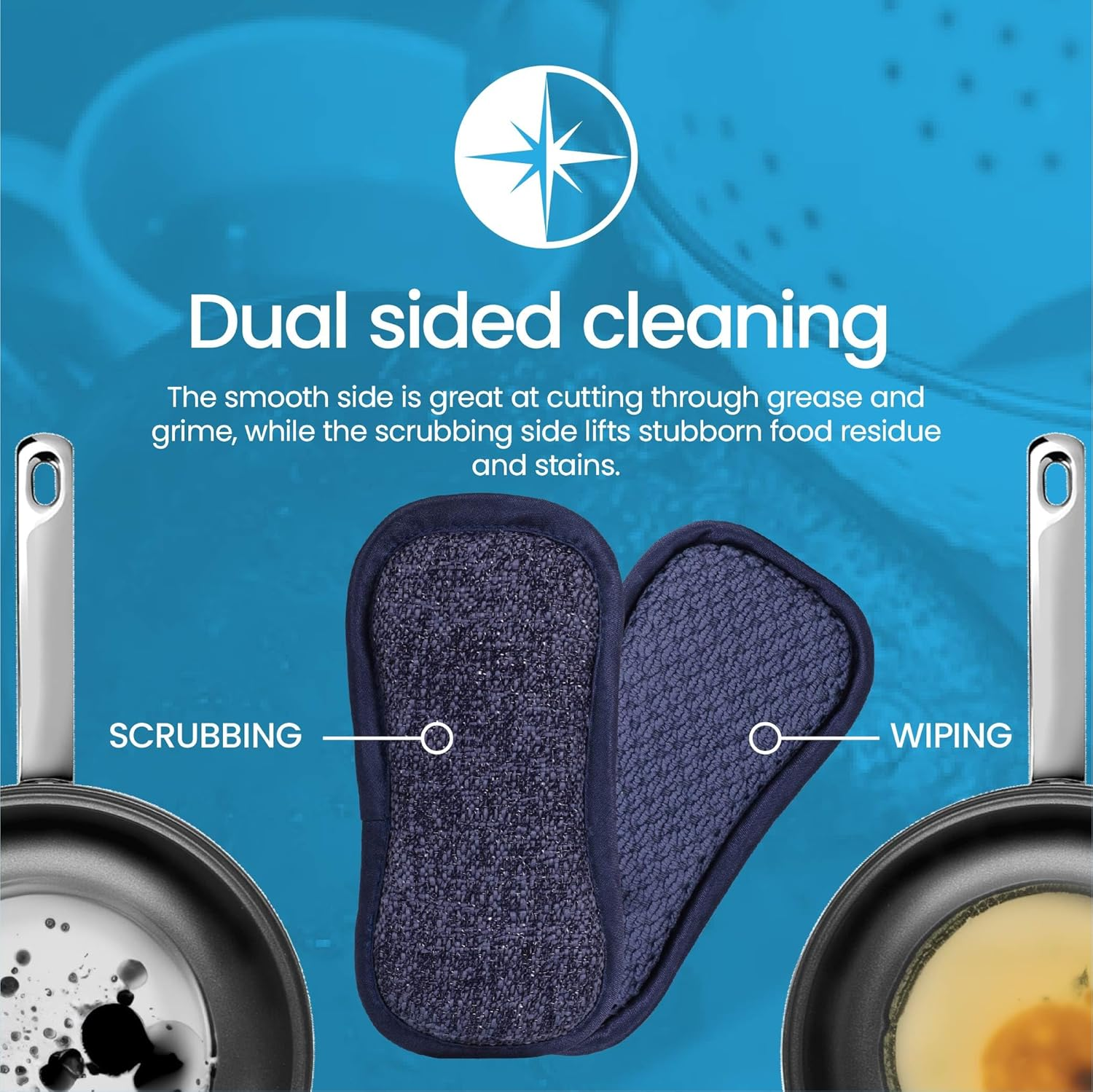 White Magic Dish Cleaning Microfibre Eco Cloth Washing up Pad, Non Scratch, Rough Scrubbers Side for Non-Stick Cookware, Soft Scrub Side for Dishes (Denim)
