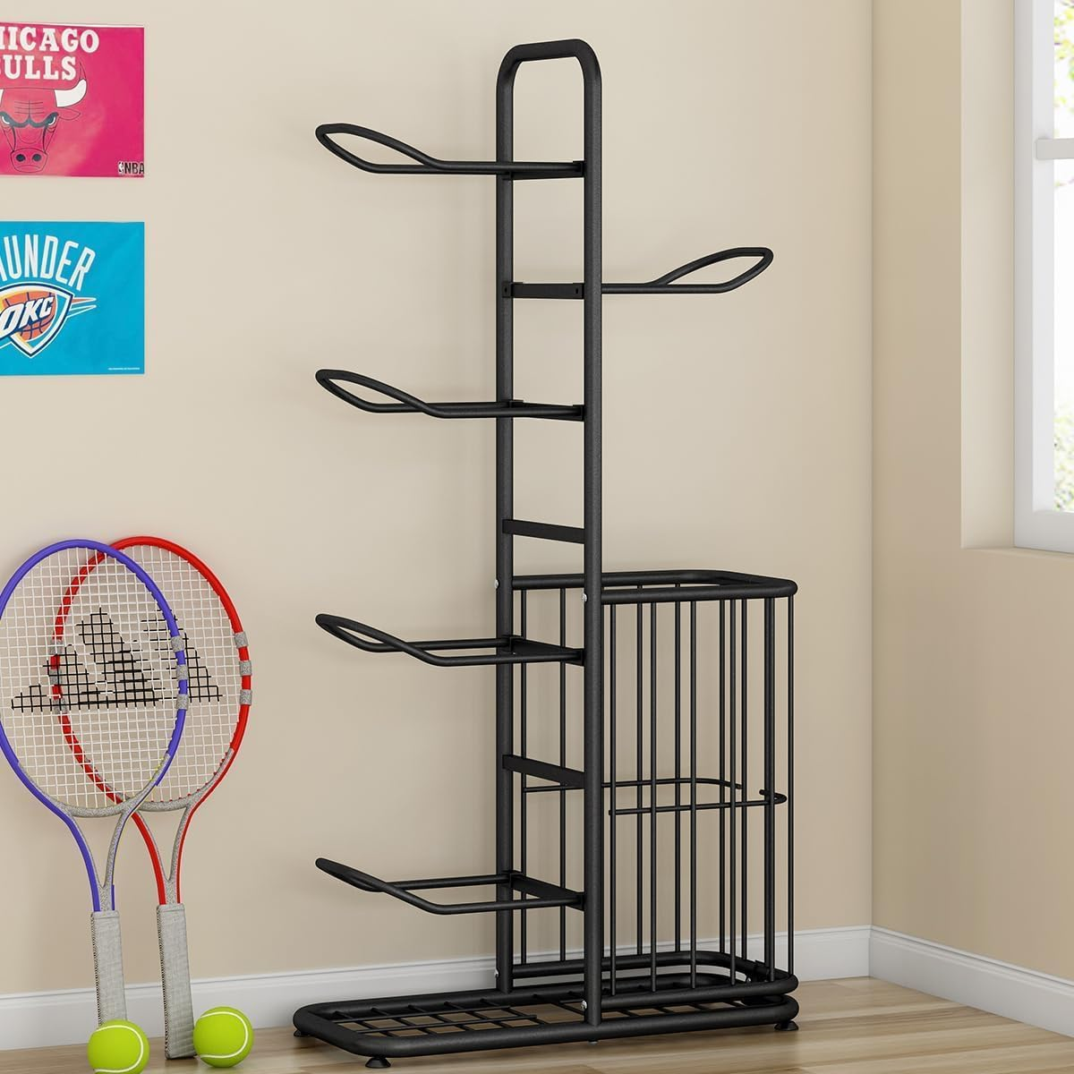 Ball Storage Rack with Basket - Football Stand, Sports Equipment Organizer for Garage, Basketball Holder, Toy/Sports Gear Storage Indoor (5 Balls) image number 2