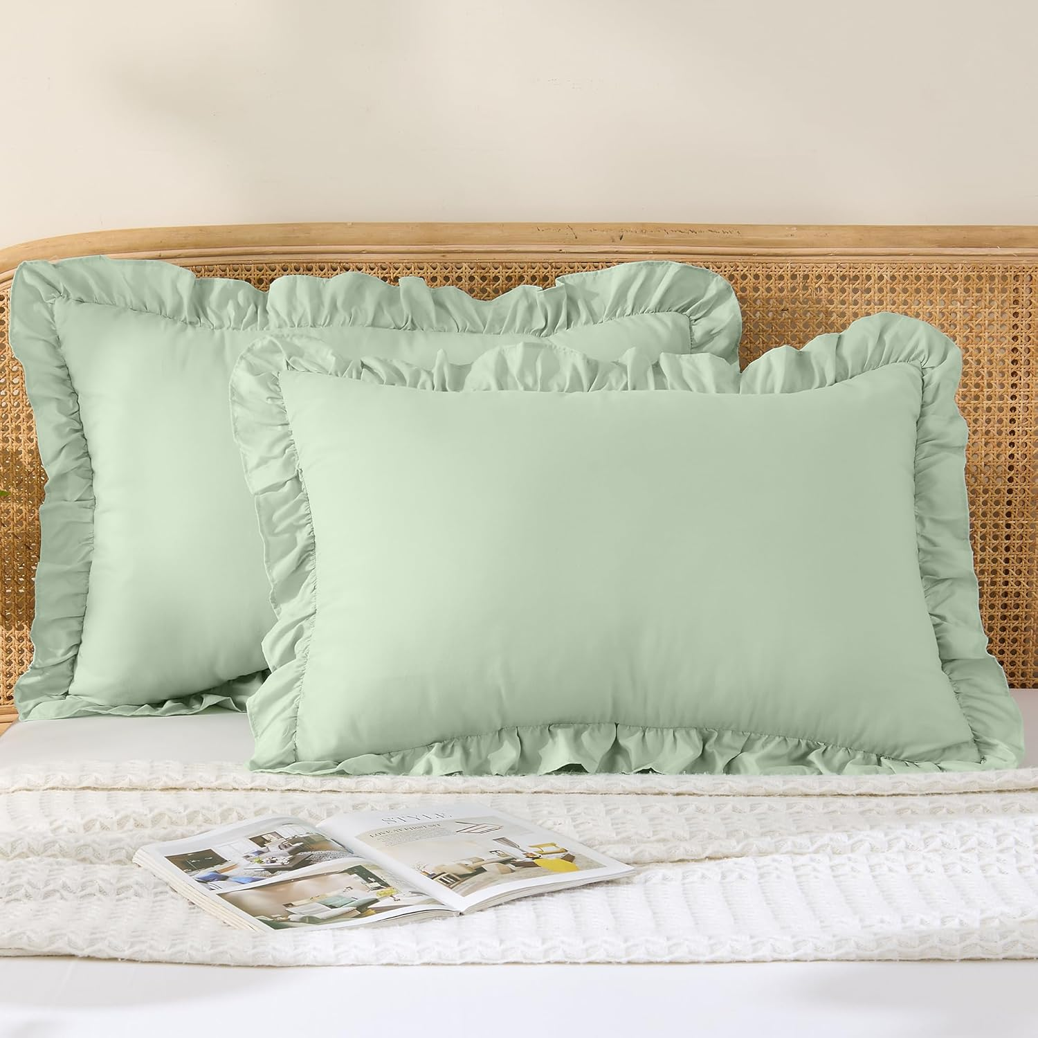 LINENOVA Ruffled Pillow Cases Set of 2 - Standard Size 48X74Cm - Ultra Soft Microfiber 2000TC Pillowcase - Pillow Cover with Envelope Closure - Sage Green image number 6