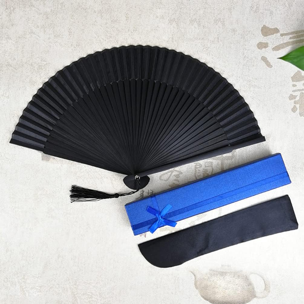 SEWACC Men Bamboo and Folding Fan with Storage Bag Handheld Chinese Fan for Weddings Birthdays and Festivals Elegant Black Design for Stylish Cooling image number 3