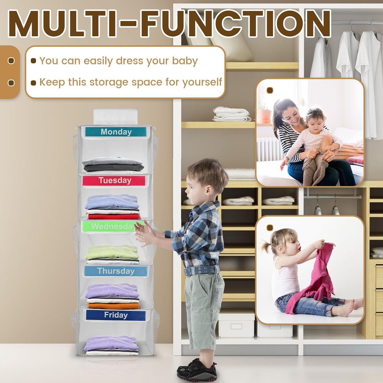 Weekly Clothes Organizer for Kids - 5 Shelf Hanging Closet Organizer, Polyester Daily Cube for Hats, T-Shirts, Bags, Towels (White)