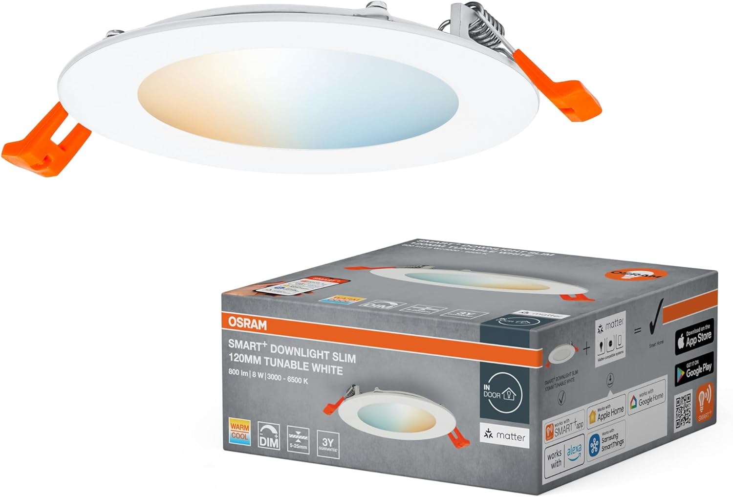 OSRAM Smart+ Matter over Wifi Orbis Slim Downlight Recessed Light 120 Mm, with Integrated Driver, TW and Dimmable, in White, Plastic, IP20 Protection for Indoor Applications