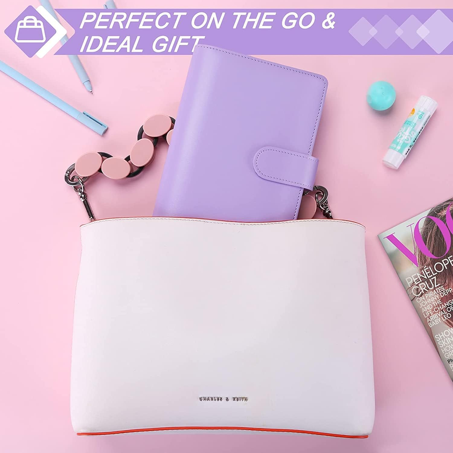 A6 PU Leather Binder Budget Planner Organizer 6 Ring Binder Cover, 8Pcs Binder Pockets, 12Pcs Expense Budget Sheets & 2Pcs Categories Sticker Labels, Money Saving Binder for Budgeting(Purple) image number 5