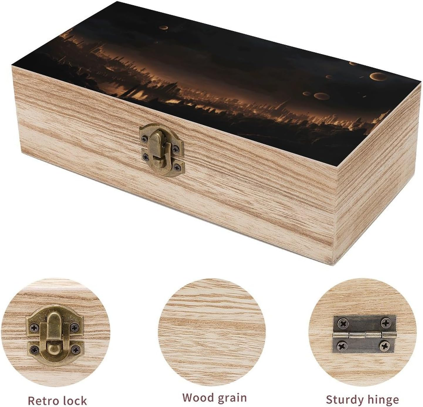 City in the Dark Wooden Box Wood Wedding Keepsake Boxes with Lids Small Decorative Boxes Lightweight Wooden Memory Storage Box for Crafts Keepsakes Jewelry Photo Letter Storage image number 2