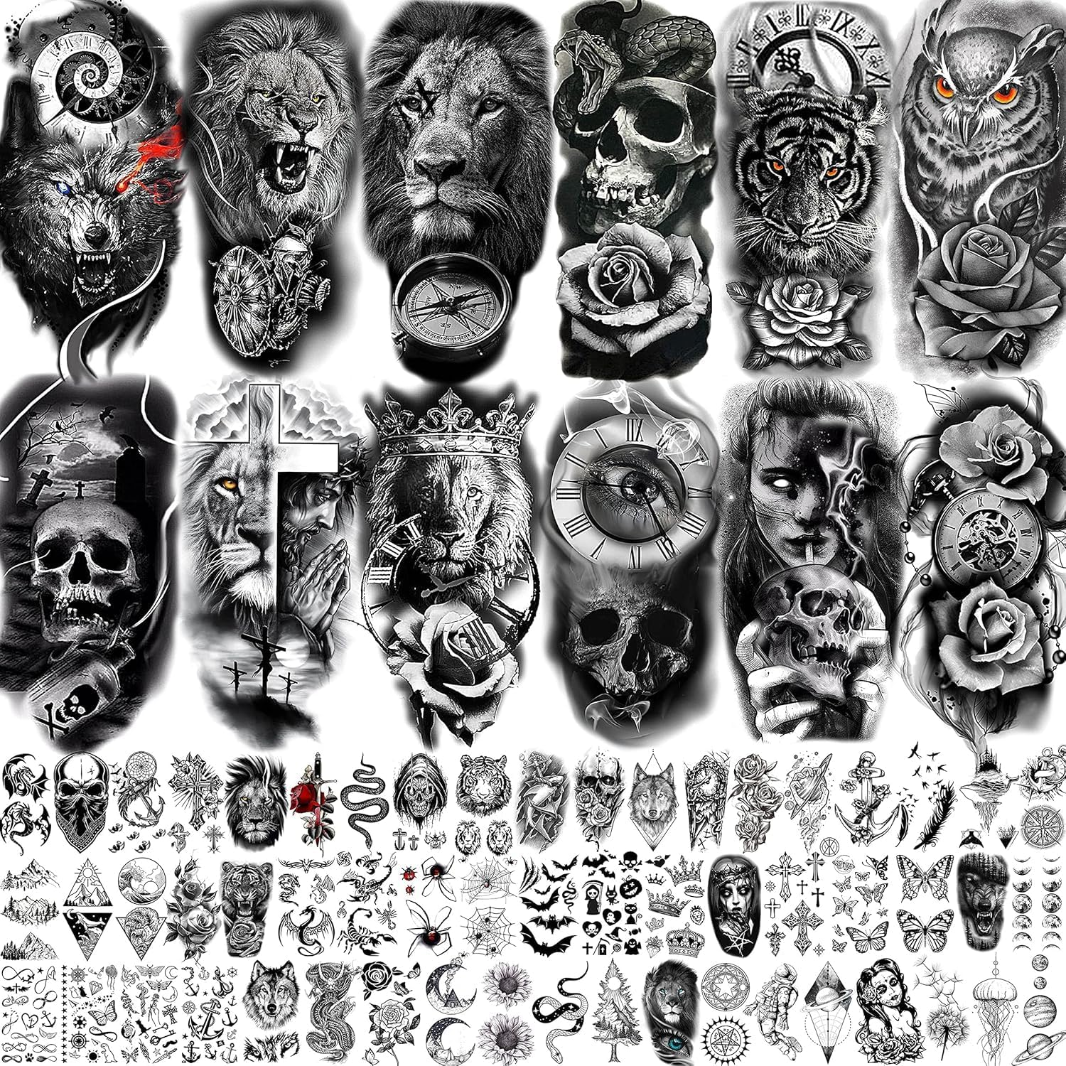 72 Sheets Temporary Tatto for Men Women Adults, 12 Sheets Arm Chest Shoulder Tattos Temporary Tattos with 60 Sheets Tiny Black Tattos, Wolf Tiger Lion Skull Owl Flower Tatto Stickers