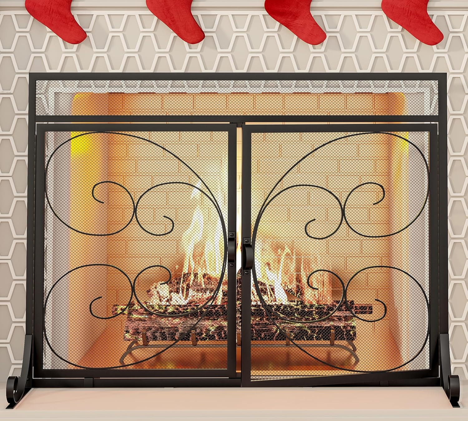 Kingson Fireplace Screen with Hinged Doors Magnetic 2 Panels Sturdy Steel Frame Durable Metal Mesh Decorative Free Standing Spark Guard- Black image number 1