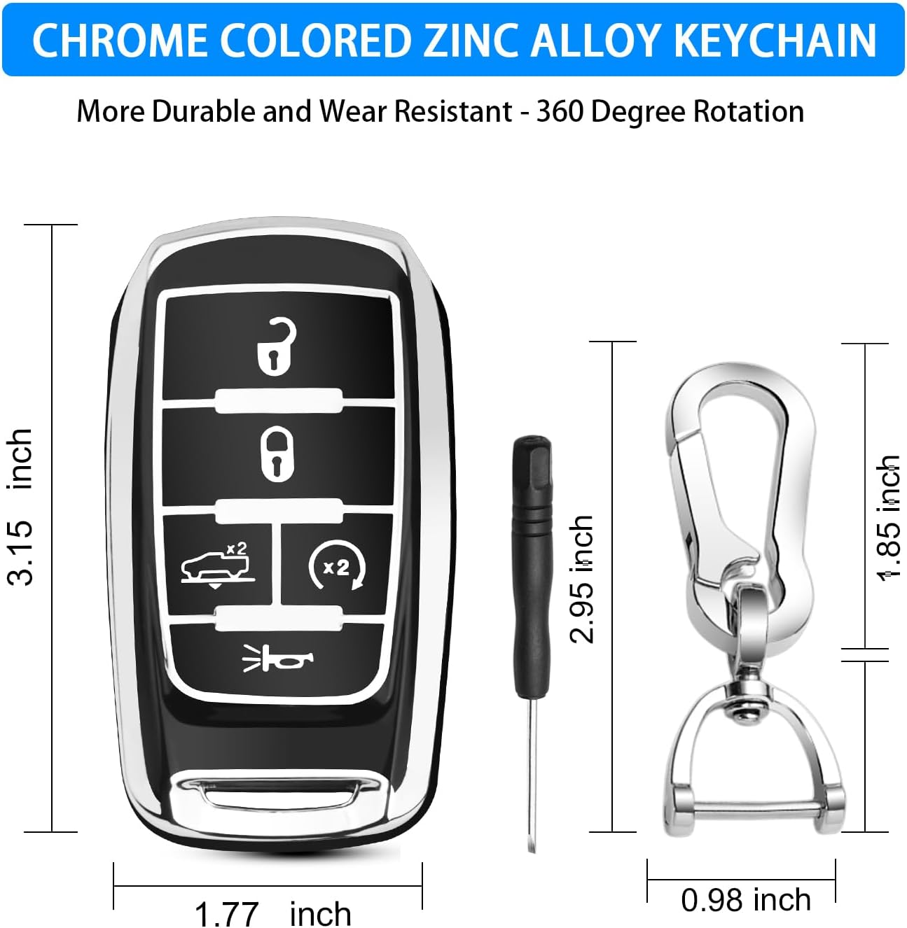 QBUC for Dodge Key Fob Cover, Fits for Dodge RAM 1500 2500 3500 4-5 Buttons 2019 2020 2021 2022 2023 TPU Key Fob Case with Keychain, Smart Remote Accessories Key Fob Protection (Silver-Black) - Gold-Red image number 5
