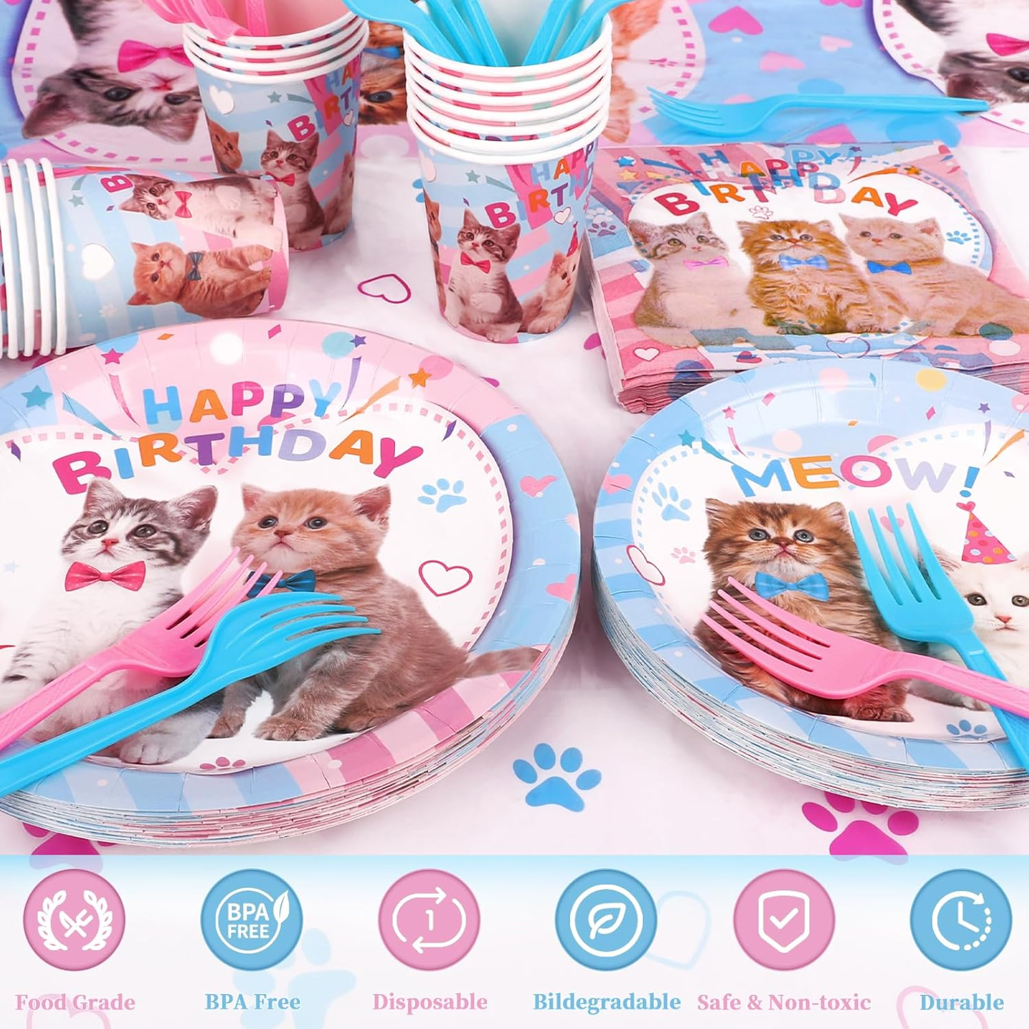 146Pcs Cat Birthday Party Supplies-Serves 24, Cat Party Decorations Kitten Disposable Tableware with Cat Party Plates Cups Napkins Tablecloth Balloons for Kitten Birthday Party Decorations Supplies image number 1