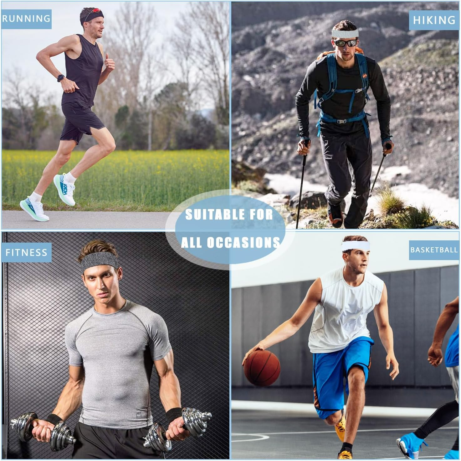 4 Packs Sports Headbands for Men Soft Fabric Non Slip Hair Band Athletic Elastic Moisture Wicking Headband Hair Warp for Running Cycling Basketball Football Fitness Quick-Dry Sweatband