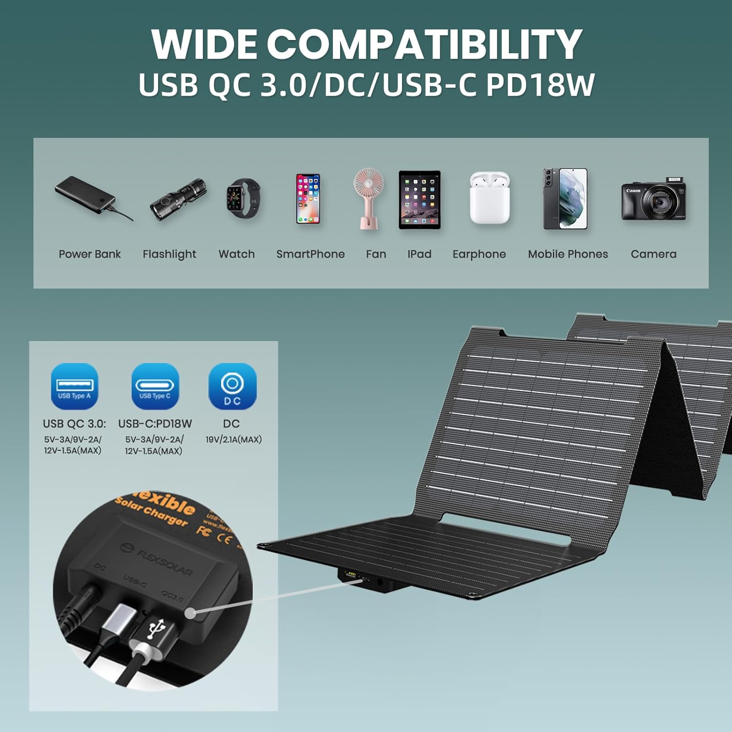Flexsolar 40W Portable Solar Panel for Camping, Foldable Solar Charger with USB-A/USB-C 18W /DC 40W Output (19V/2.1A) for Portable Power Station, Cell-Phone, Pad, Laptop, Camera Outdoor RV off Grid image number 4