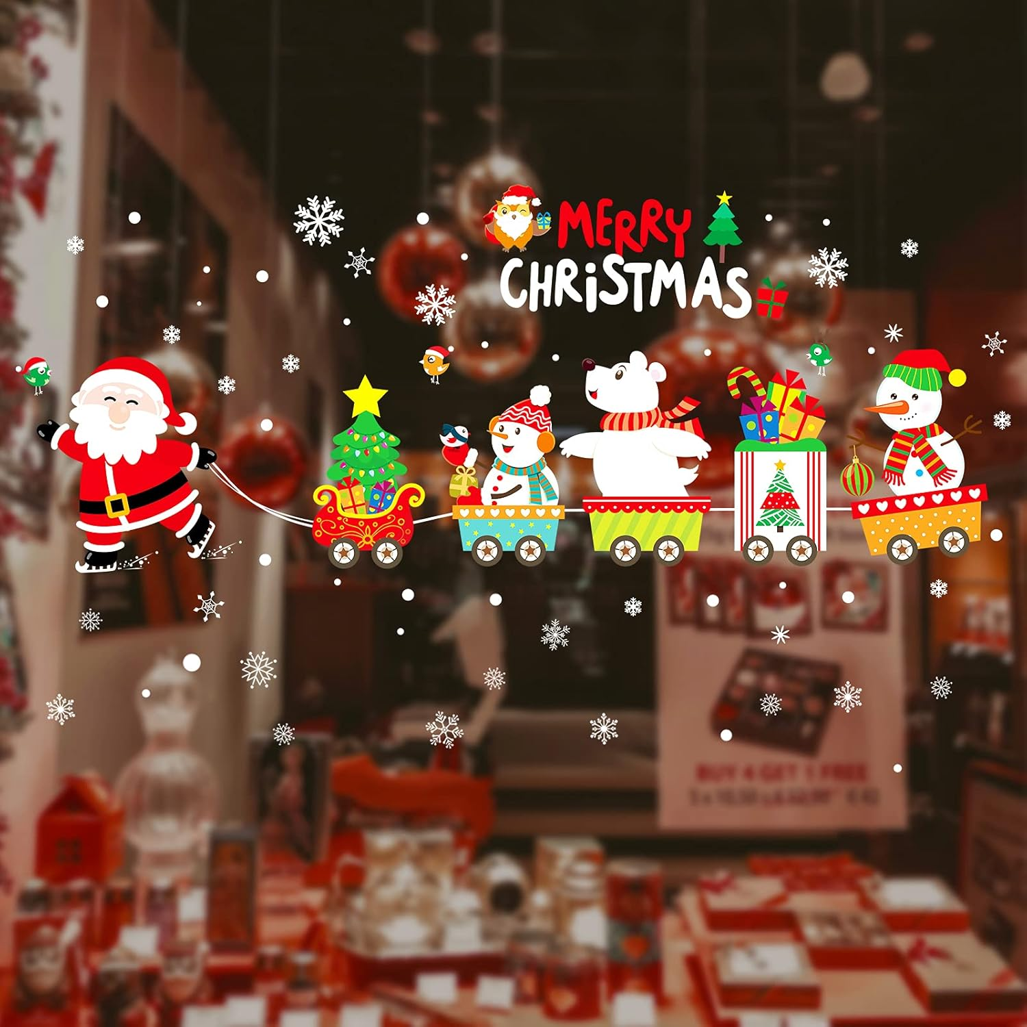 Hianjoo Christmas Window Stickers, 4 Sheets Xmas Glass Stickers with Snowflake, Snowman, Santa Claus, Garland for Christmas Indoor Wall Decorations Removable Window Display Showcase Door