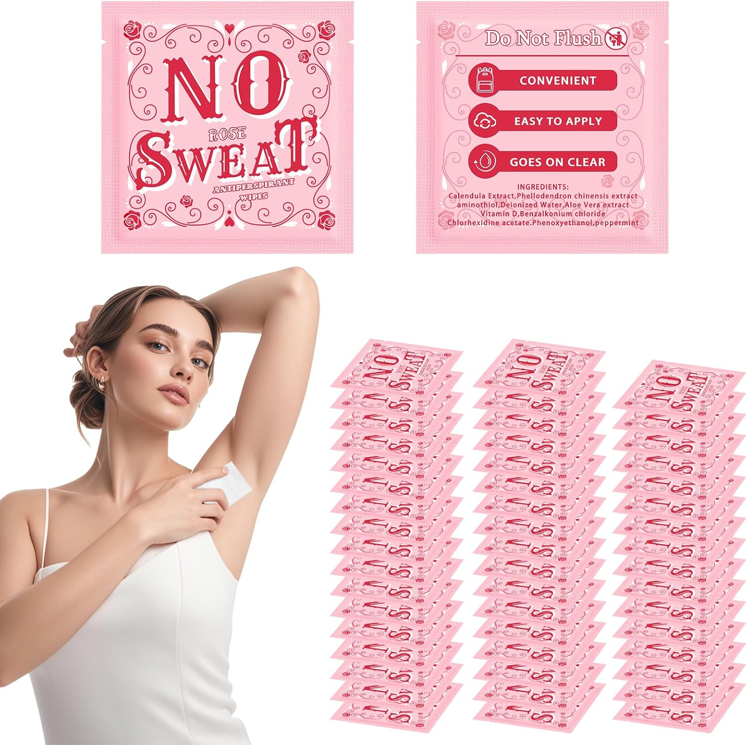 EDTOY Body Wipes 500 Pieces of Rose Antiperspirant Deodorant Wipes and Travel Deodorant Individually Wrap Hypoallergenic Mini Deodorant Underarm Sweating and Travel to Clean Skin for Female Male Teenagers image number 4