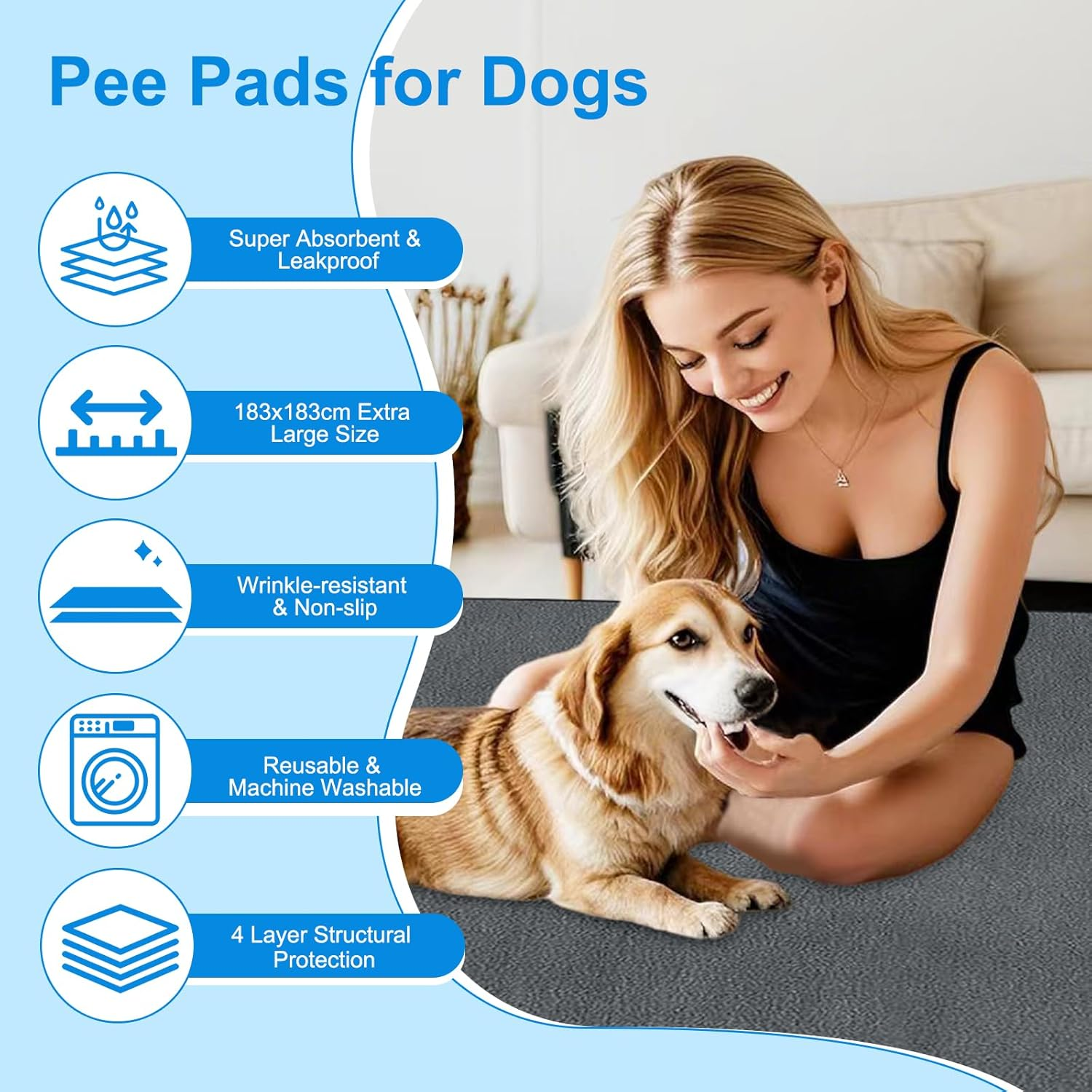 Non-Slip Dog Pads Extra Large 72" X 72", Washable Puppy Pee Pads, Reusable Dog Training Mat for Dogs with Non-Slip Bottom, Waterproof​ Absorbent Pet Blanket for Car, Crate, Playpens, Beds(183*183Cm) image number 5