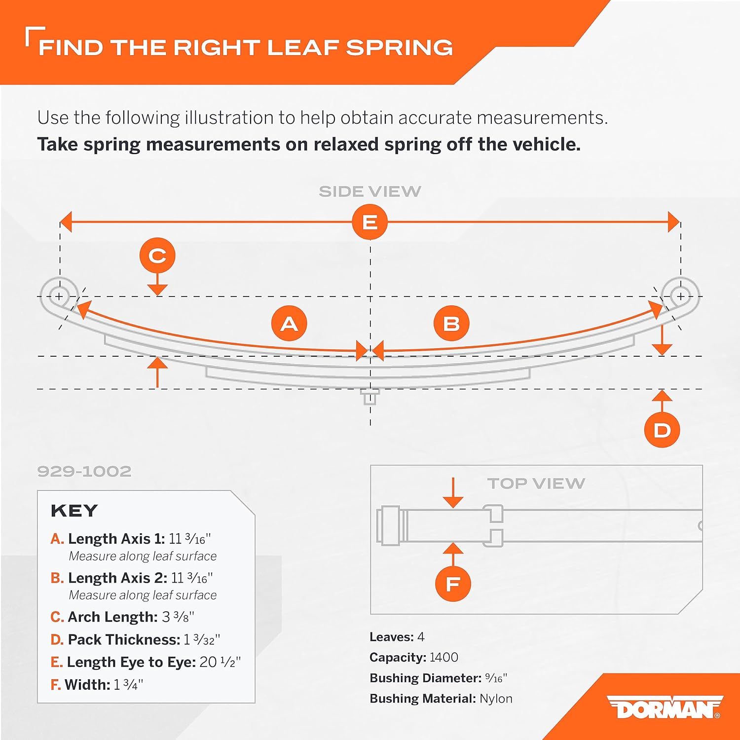 Dorman 929-1002 Trailer Leaf Spring, Eye/Eye, 1 3/4" Width, 20 1/2" Length, 3 3/8" Arch, 4 Leaf, 1400Lb Capacity