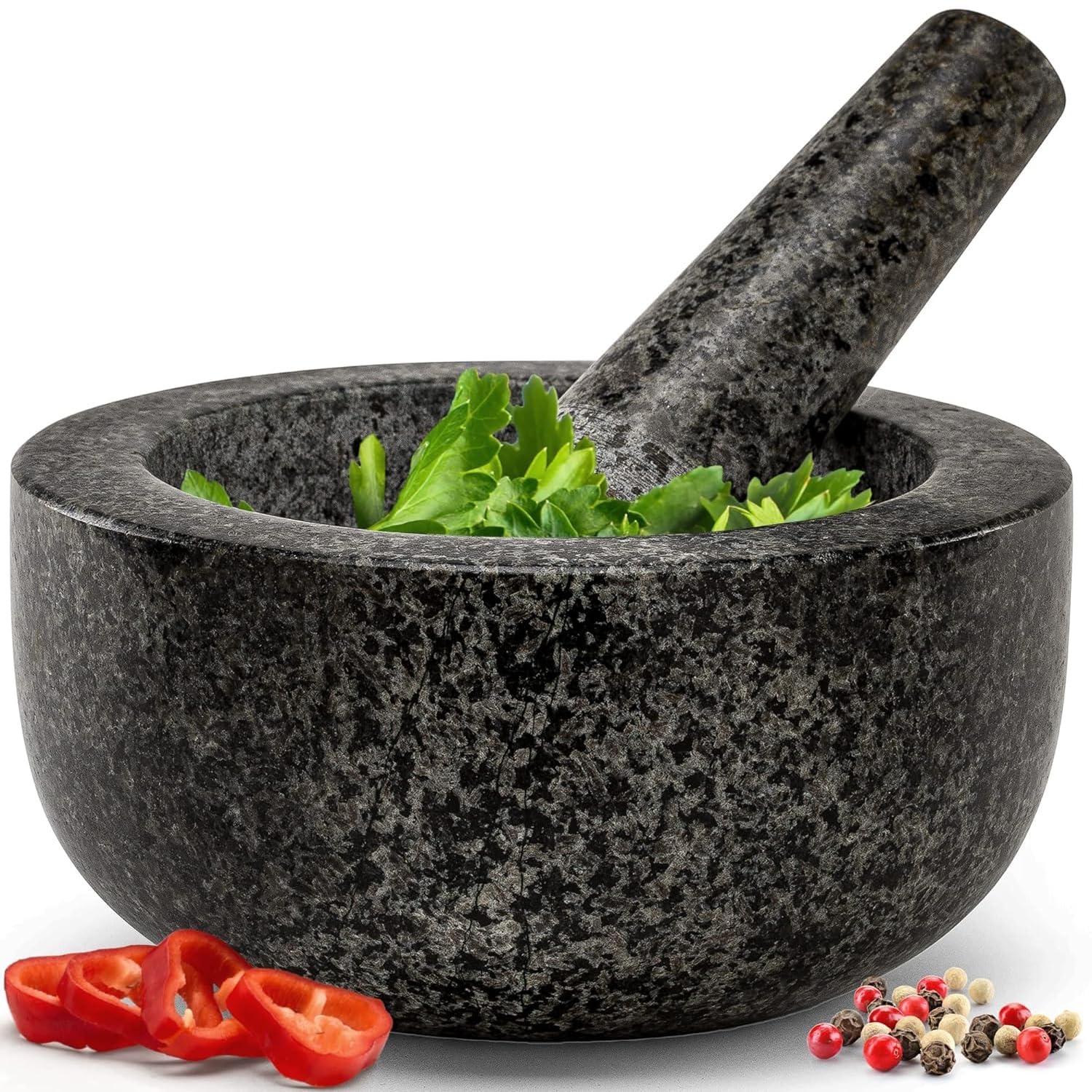 Heavy Duty Large Mortar and Pestle Set,100% Granite, Non Slip Base, Make Fresh Guacamole, Salsa, Pesto, Stone Grinder Bowl, Herb Crusher, Spice Grinder (Black(Polished), 2Cup) image number 4