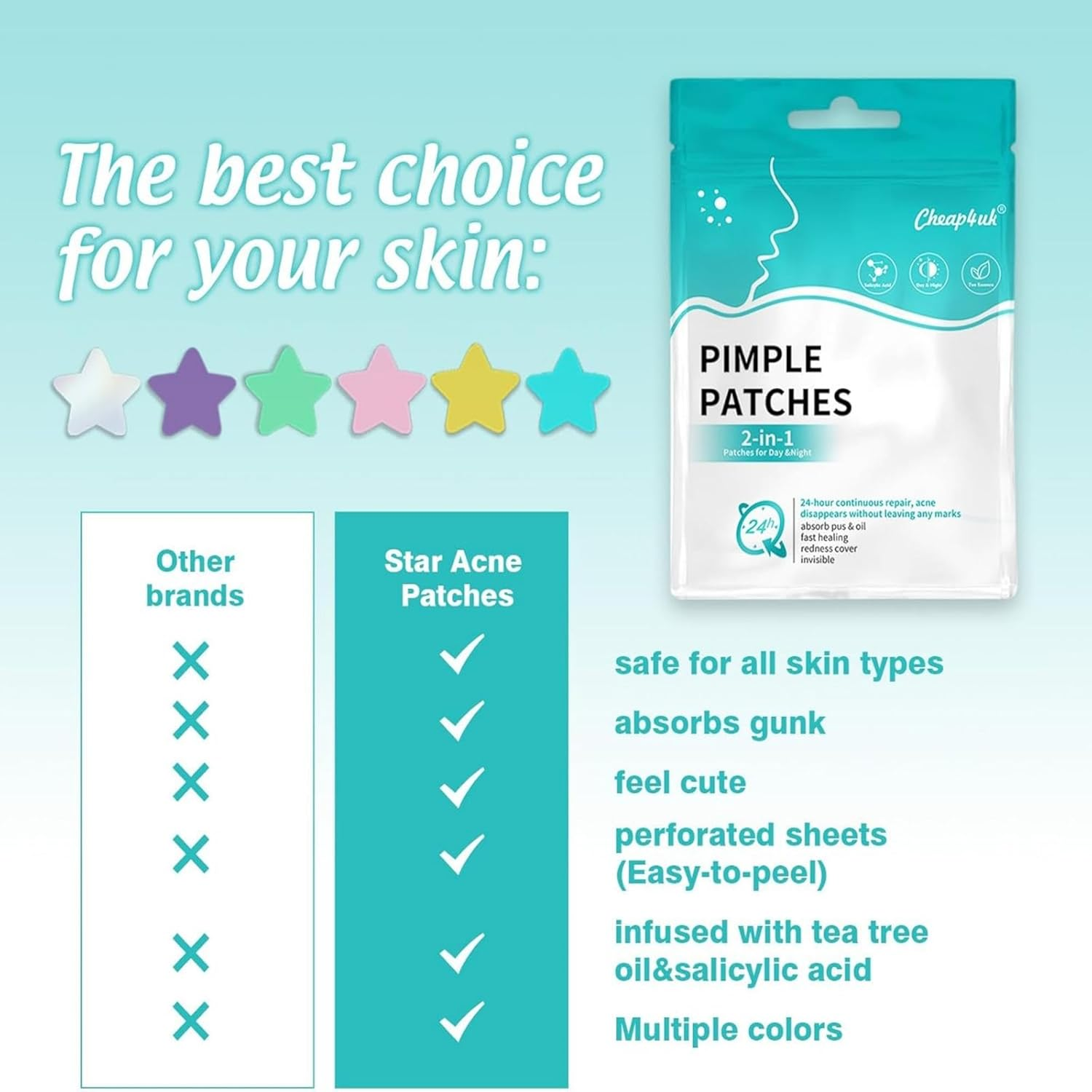 Pimple Patches - Coloured Star Hydrocolloid Acne Patches for Makeup & Cover | Blemish Absorbing Spot Treatment Stickers | Invisible Xmas Gift (5 Sheets, 255 Pcs) image number 3
