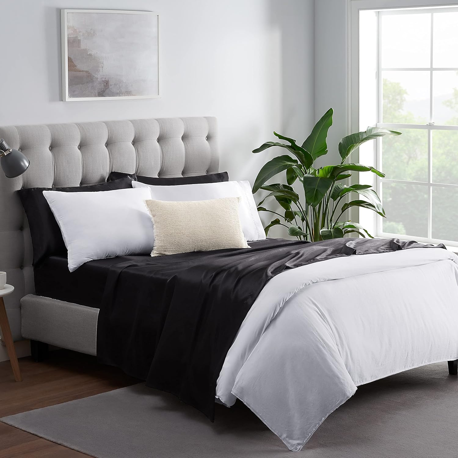 SERTA Satinluxury 4Pc Soft Lightweight Deep Pocket Bedding Silky Satin Sheet Set with Pillowcases, King, Black image number 2